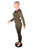 Army Green Fashion adult Active Casual Lightly cooked Zippered Two Piece Suits pencil Long Sleeve