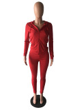 Wine Red Fashion adult Active Casual Lightly cooked Zippered Two Piece Suits pencil Long Sleeve