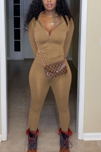 Dark Brown Fashion Sexy Solid Zipper Collar Long Sleeve Regular Sleeve Regular Two Pieces