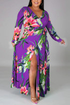 фиолетовое модное сексуальное платье больших размеров с разрезом и V-образным вырезом с принтом