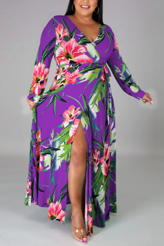 purple Fashion Sexy Plus Size Print Slit V Neck Printed Dress
