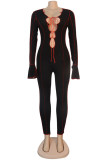 Wine Red Sexy Solid Bandage Patchwork O Neck Jumpsuits