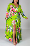 lila Fashion Sexy Plus Size Print Schlitz V-Ausschnitt bedrucktes Kleid