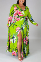 Grüne Mode Sexy Plus Size Print Schlitz V-Ausschnitt bedrucktes Kleid