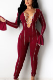 Coffee Sexy Solid Bandage Patchwork O Neck Jumpsuits