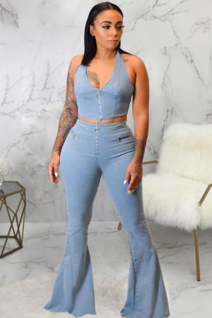 Blue Denim Sexy Fashion adult Zippered Two Piece Suits Patchwork Boot Cut Sleeveless Two-piece Pants Set