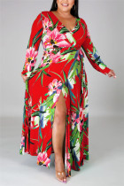 Красное модное сексуальное платье больших размеров с разрезом и V-образным вырезом с принтом