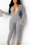 Blue Sexy Solid Bandage Patchwork O Neck Jumpsuits