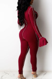 Wine Red Sexy Solid Bandage Patchwork O Neck Jumpsuits
