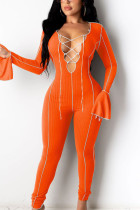 オレンジのセクシーなソリッド包帯パッチワーク O ネック ジャンプスーツ