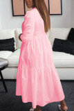 ピンクのセレブのソリッドOネックドレス