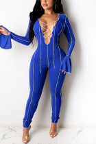 ブルー ファッション セクシー ソリッド パッチワーク V ネック スキニー ジャンプスーツ