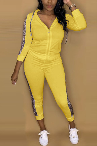 Yellow Fashion Casual Patchwork Patchwork Hooded Collar Long Sleeve Two Pieces