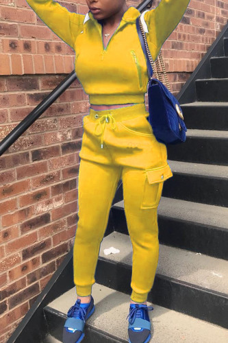 Yellow Fashion Casual Patchwork Solid Patchwork Turndown Collar Long Sleeve Two Pieces