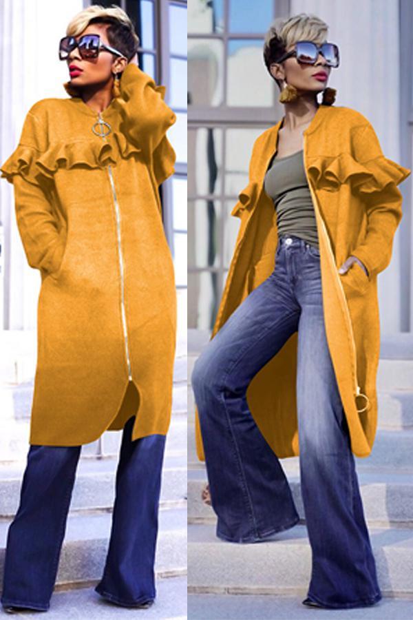 Yellow O Neck Zippered Patchwork Stringy selvedge Solid Pure Long Sleeve Coats & Cardigan