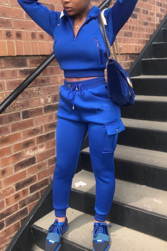 Blue Fashion Casual Patchwork Solid Patchwork Turndown Collar Long Sleeve Two Pieces