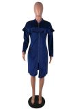 Blue O Neck Zippered Patchwork Stringy selvedge Solid Pure Long Sleeve Coats & Cardigan