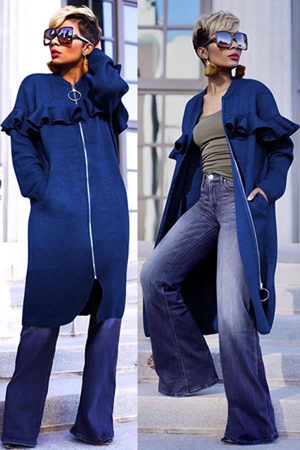 Abrigos y cárdigan de manga larga puro sólido con orillo fibroso de retazos con cremallera y cuello en O azul