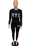 Black British Style Print Embroidered Sequins O Neck Long Sleeve Two Pieces
