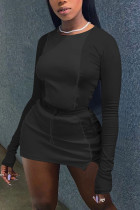 黒のファッション大人のセクシーなツーピース スーツ固体パッチワーク ヒップ スカート長袖