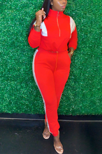 Red Casual Solid Patchwork Zipper Collar Long Sleeve Two Pieces