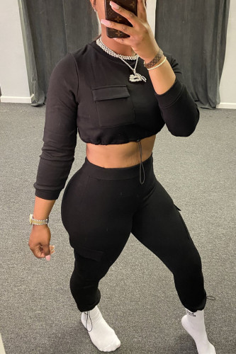 Black Fashion Casual Solid Basic O Neck Long Sleeve Two Pieces