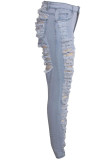 Light Blue Denim Button Fly Sleeveless High Hole Solid Patchwork pencil Pants Pants