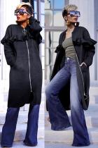 Black O Neck Zippered Patchwork Stringy selvedge Solid Polyester Pure Long Sleeve  Coats & Cardigan