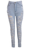 Light Blue Denim Button Fly Sleeveless High Hole Solid Patchwork pencil Pants Pants