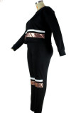 Black Casual Solid Sequins Patchwork O Neck Long Sleeve Two Pieces
