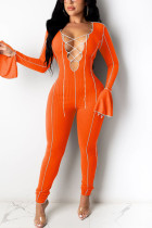 オレンジ ファッション セクシー ソリッド パッチワーク V ネック スキニー ジャンプスーツ