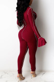 Wine Red Fashion Sexy Solid Patchwork V Neck Skinny Jumpsuits