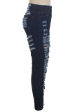 Темно-синие джинсовые брюки-карандаш на пуговицах без рукавов с высоким отверстием, однотонные лоскутные брюки-карандаш Брюки