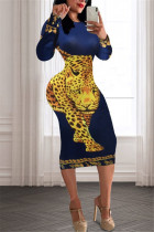 Леопардовый принт Мода Повседневная печать Базовые платья с круглым вырезом