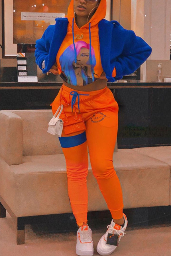 Arancione Sportswear Stampa Colletto Con Cappuccio Manica Lunga Due Pezzi
