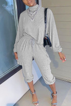 Grey Casual Solid Patchwork O Neck Long Sleeve Two Pieces