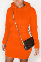 Orange Polyester Street Cap Sleeve Long Sleeves Hooded Step Skirt Knee-Length Solid 
