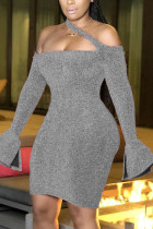 Серебряные модные сексуальные однотонные платья с открытой спиной и лямкой на шее