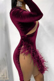 Вино-красные сексуальные однотонные лоскутные платья-футляры с круглым вырезом
