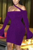 фиолетовые модные сексуальные однотонные платья с открытой спиной и лямкой на шее