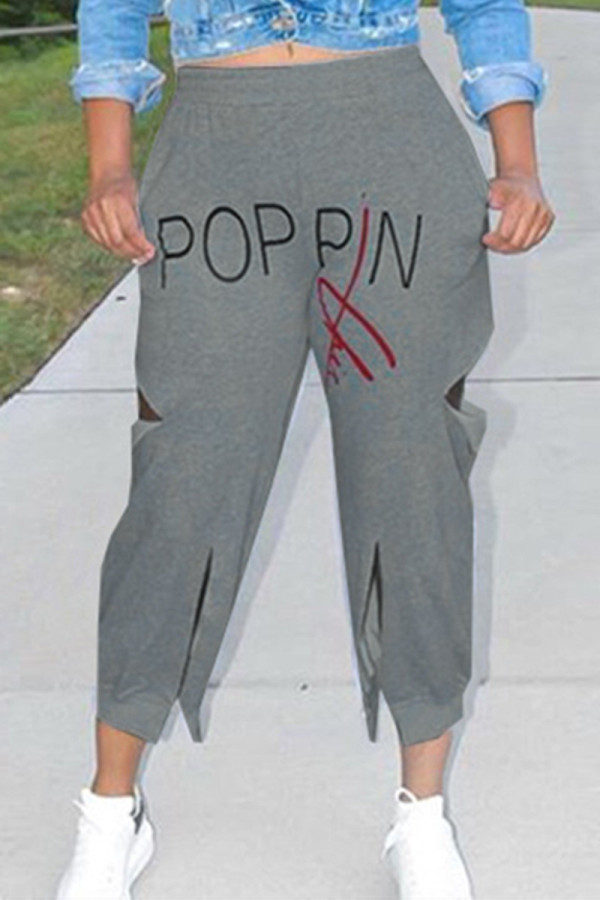Pantalones regulares ahuecados con estampado de letras informales de moda gris