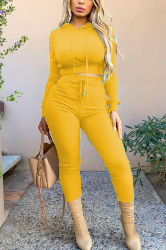 Yellow Casual Solid Patchwork Hooded Collar Long Sleeve Two Pieces