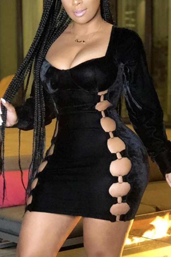Черное модное сексуальное однотонное платье с квадратным воротником и длинным рукавом