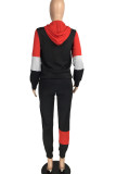 Rode en zwarte sportkleding, effen patchwork, kraag met capuchon, lange mouwen, tweedelig