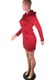 rose red Street Cap Sleeve Long Sleeves Hooded Step Skirt Knee-Length Solid