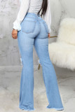 Jeans regular azul escuro sexy sólido rasgado cintura média