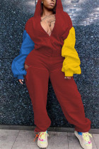 Красный модный повседневный пэчворк с выдолбленным воротником с капюшоном из двух частей