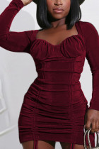 Wine Red Sexy Solid U Neck Pencil Skirt Dresses