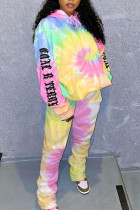 Yellow Sexy Print Tie-dye Hooded Collar Long Sleeve Two Pieces