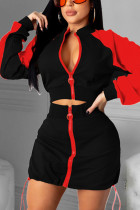 Black and red Casual Solid Patchwork Zipper Collar Long Sleeve Two Pieces